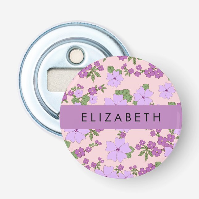 Purple Flowers, Pattern Of Flowers, Your Name Bottle Opener (Front)