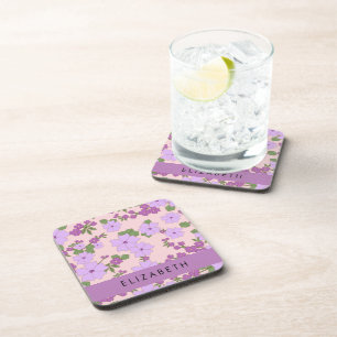 Purple Flowers, Pattern Of Flowers, Your Name Coaster
