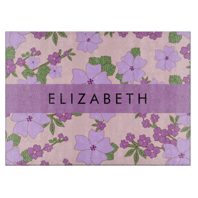 Purple Flowers, Pattern Of Flowers, Your Name Cutting Board (Front)