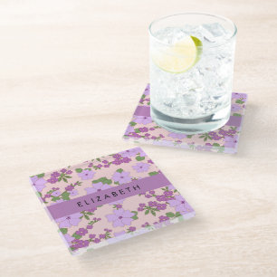 Purple Flowers, Pattern Of Flowers, Your Name Glass Coaster