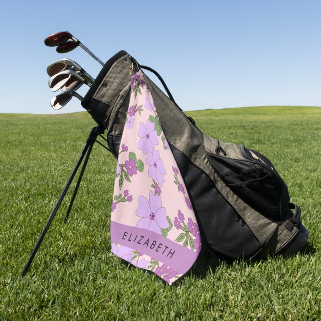 Purple Flowers, Pattern Of Flowers, Your Name Golf Towel (Green)