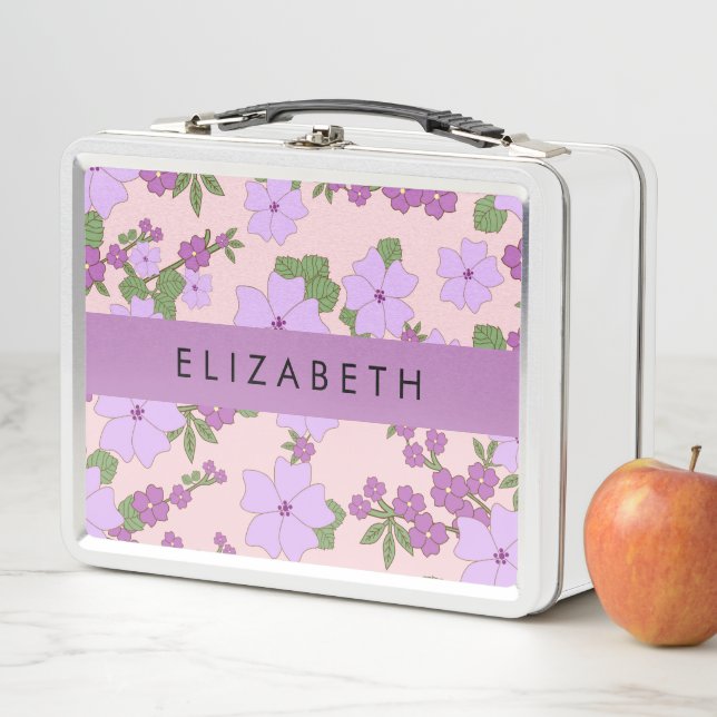 Purple Flowers, Pattern Of Flowers, Your Name Metal Lunch Box (In Situ)