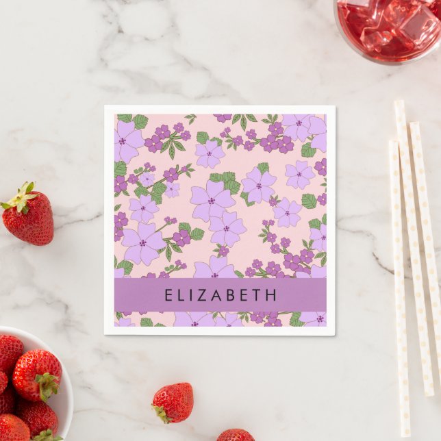 Purple Flowers, Pattern Of Flowers, Your Name Napkin (Insitu)