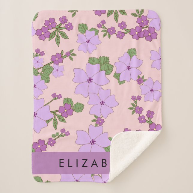 Purple Flowers, Pattern Of Flowers, Your Name Sherpa Blanket (Front)