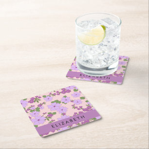 Purple Flowers, Pattern Of Flowers, Your Name Square Paper Coaster