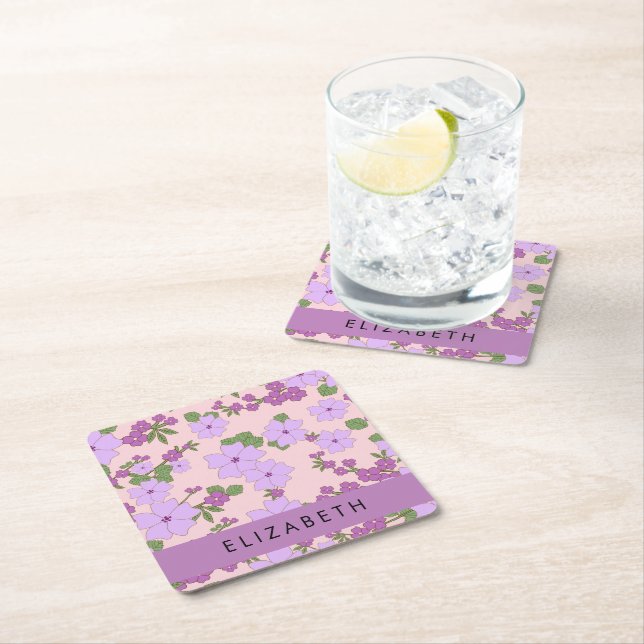 Purple Flowers, Pattern Of Flowers, Your Name Square Paper Coaster (Insitu)