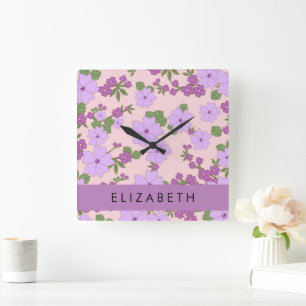 Purple Flowers, Pattern Of Flowers, Your Name Square Wall Clock