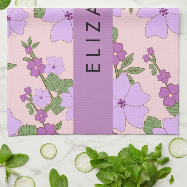 Purple Flowers, Pattern Of Flowers, Your Name Tea Towel (Folded)
