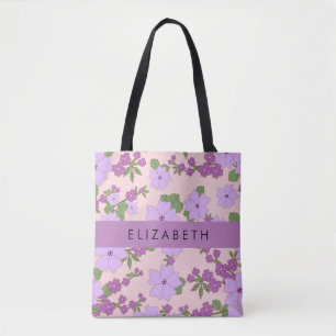 Purple Flowers, Pattern Of Flowers, Your Name Tote Bag