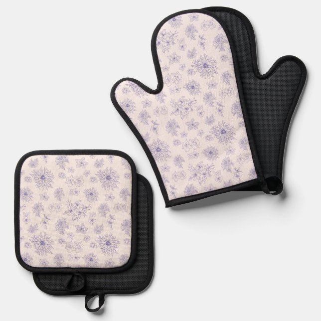 Purple flowers pattern oven mitt & pot holder set (Front/Back)