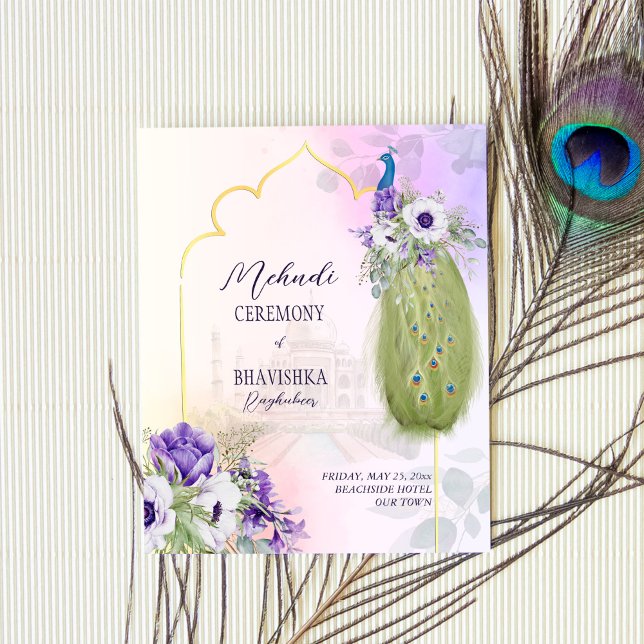 Purple flowers peacock budget mehndi invitation (Creator Uploaded)