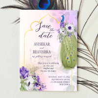 Purple flowers peacock save the date