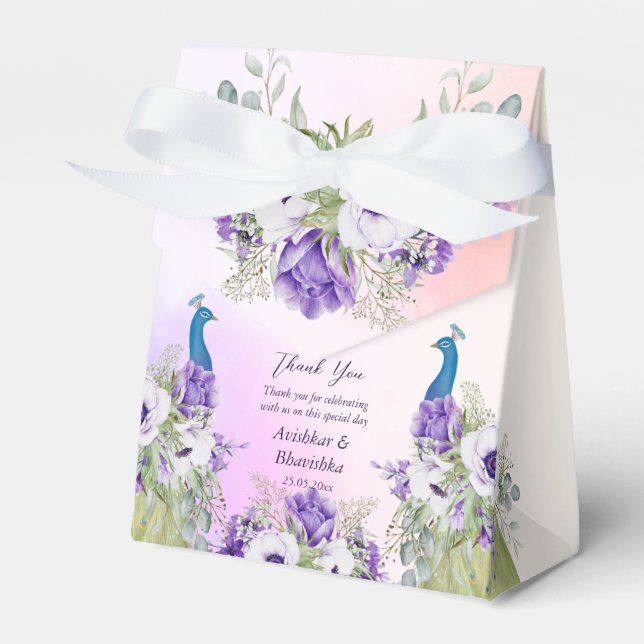 Purple flowers peacock wedding favour gift  favour box (Front Side)