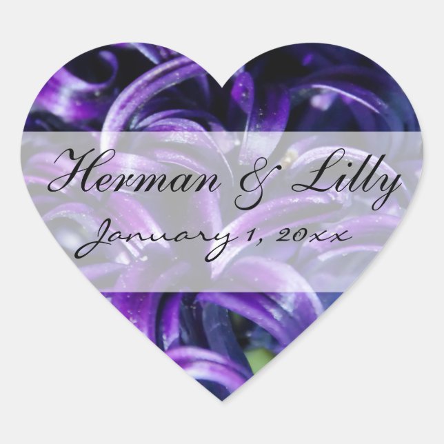 Purple Flowers Personal Wedding Heart Sticker (Front)