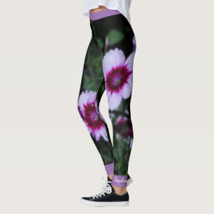 Purple Flowers, Personalised Name Yoga Exercise  Leggings