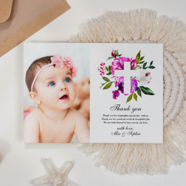 Purple Flowers Photo Baptism Thank You Card (Creator Uploaded)