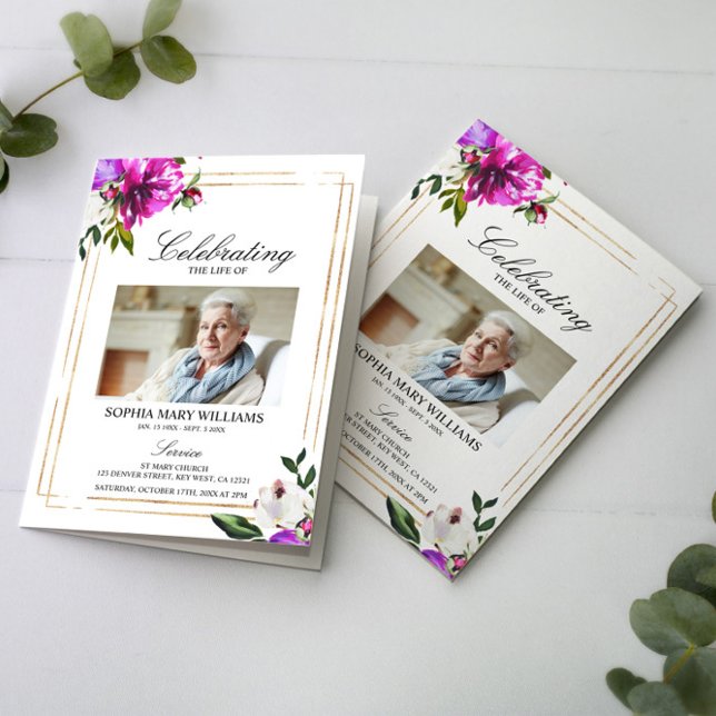 Purple Flowers Photo Memorial Funeral Programs Card (Creator Uploaded)