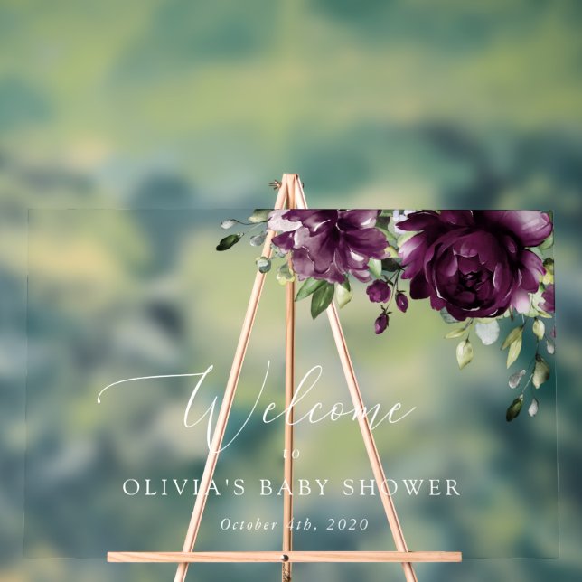 Purple Flowers, Plum Flowers, Baby Shower Welcome Acrylic Sign (Neutral)