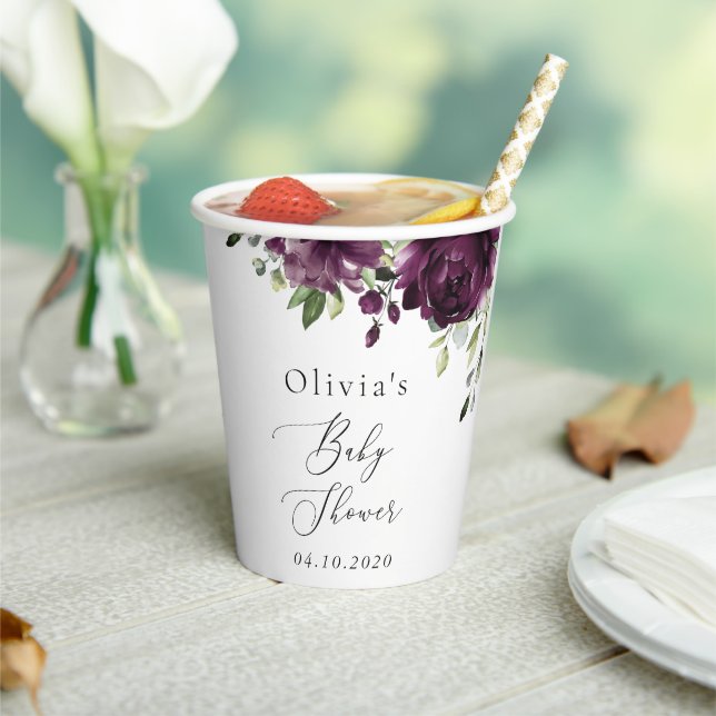 Purple Flowers, Plum Flowers, Boho, Baby Shower Paper Cups (Insitu)