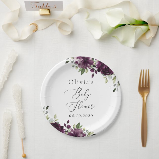 Purple Flowers, Plum Flowers, Boho, Baby Shower Paper Plate (Wedding)