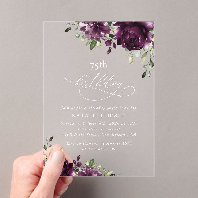 Purple Flowers, Plum Flowers, Boho, Birthday Acrylic Invitations (Insitu (Handheld))
