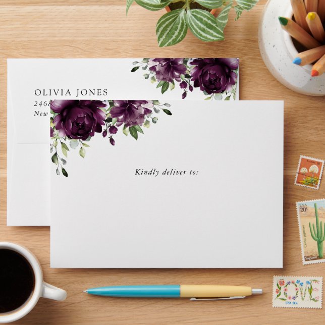 Purple Flowers, Plum Flowers, Boho, Birthday Envelope (Desk)