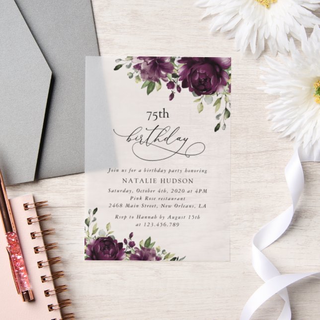 Purple Flowers, Plum Flowers, Boho, Birthday Vellum Invitations (Wedding)