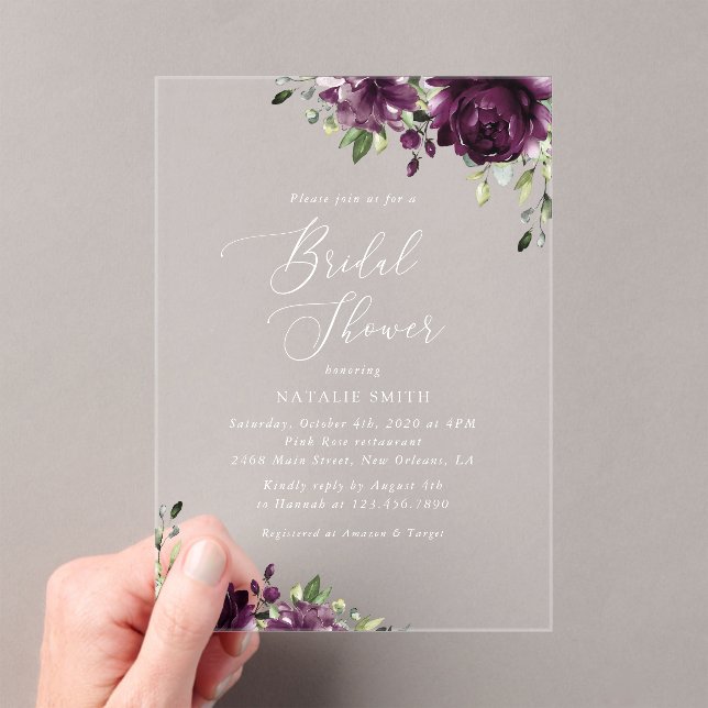 Purple Flowers, Plum Flowers, Boho, Bridal Shower Acrylic Invitations (Insitu (Handheld))
