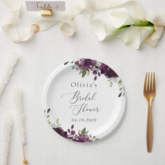 Purple Flowers, Plum Flowers, Boho, Bridal Shower Paper Plate (Wedding)
