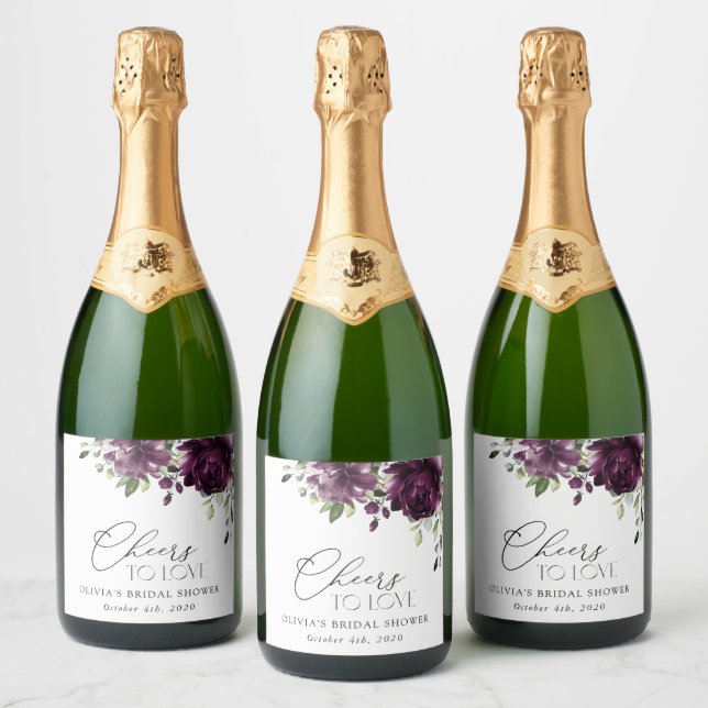 Purple Flowers, Plum Flowers, Boho, Bridal Shower Sparkling Wine Label (Bottles)