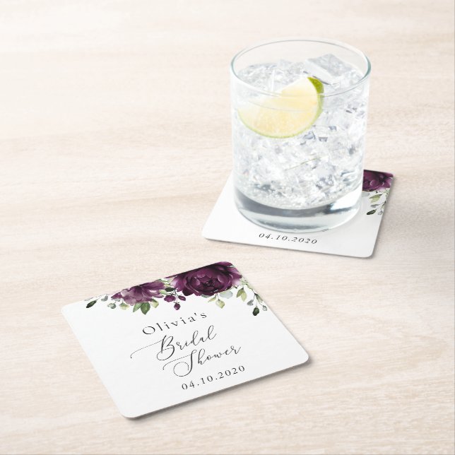 Purple Flowers, Plum Flowers, Boho, Bridal Shower Square Paper Coaster (Insitu)