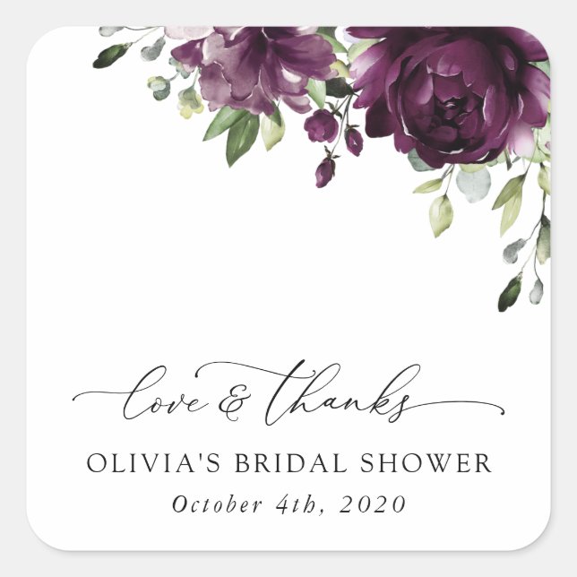 Purple Flowers, Plum Flowers, Boho, Bridal Shower Square Sticker (Front)