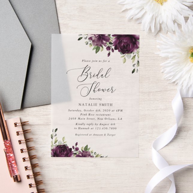 Purple Flowers, Plum Flowers, Boho, Bridal Shower Vellum Invitations (Wedding)