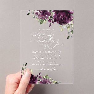 Purple Flowers, Plum Flowers, Boho, Floral Wedding Acrylic Invitations