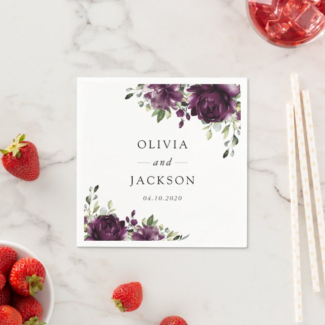 Purple Flowers, Plum Flowers, Boho, Floral Wedding Napkin (Insitu)