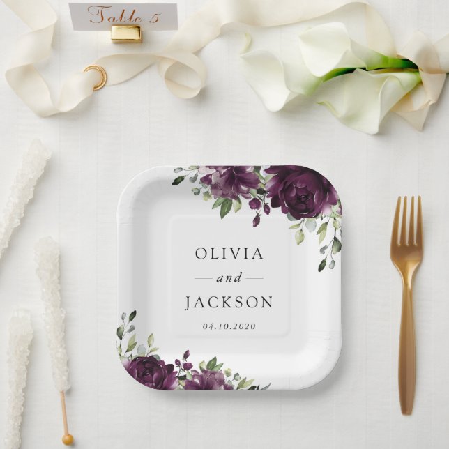 Purple Flowers, Plum Flowers, Boho, Floral Wedding Paper Plate (Wedding)