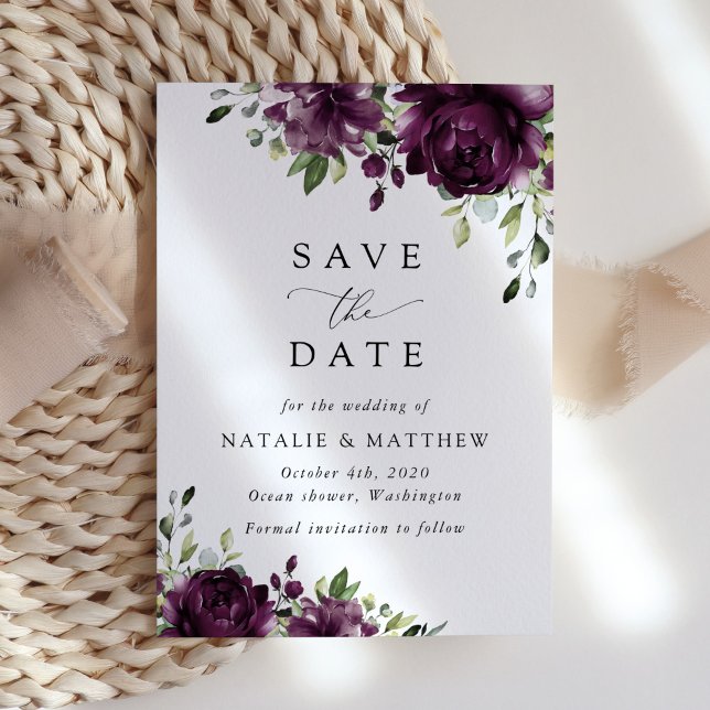 Purple Flowers, Plum Flowers, Boho, Floral Wedding Save The Date (Creator Uploaded)