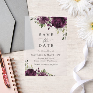 Purple Flowers, Plum Flowers, Boho, Floral Wedding Vellum Invitations