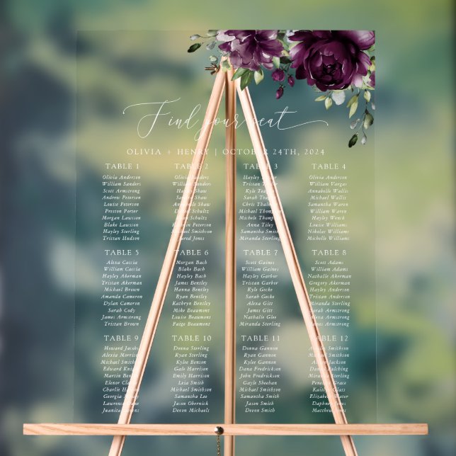 Purple Flowers, Plum Flowers, Boho, Seating Chart (Neutral)