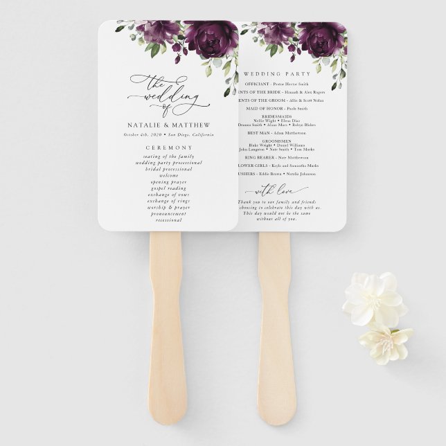 Purple Flowers, Plum Flowers, Wedding Program Hand Fan (Front and Back)