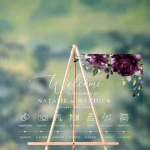 Purple Flowers, Plum Flowers, Wedding Timeline Acrylic Sign