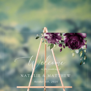 Purple Flowers, Plum Flowers, Wedding Welcome Acrylic Sign