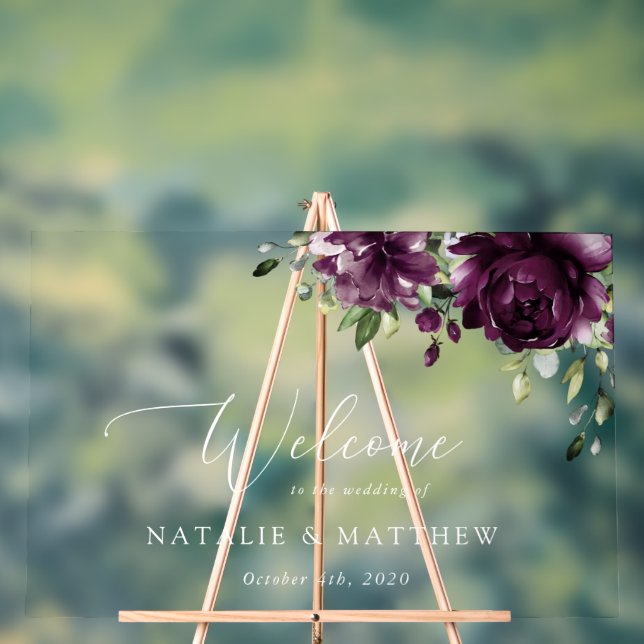 Purple Flowers, Plum Flowers, Wedding Welcome Acrylic Sign (Neutral)