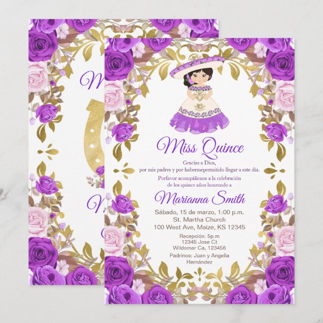Purple Flowers Quinceanera Invitation (Front/Back)