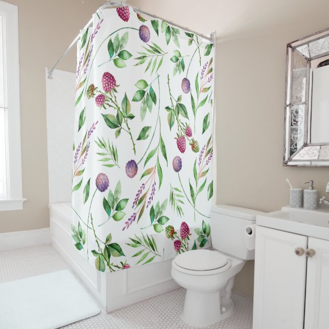 Purple Flowers & Red Berries Pattern Shower Curtain (In Situ)