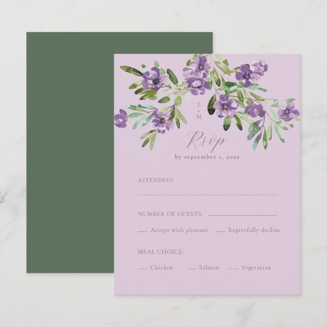 Purple Flowers Romantic Calligraphy Meal Choice RSVP Card (Front/Back)