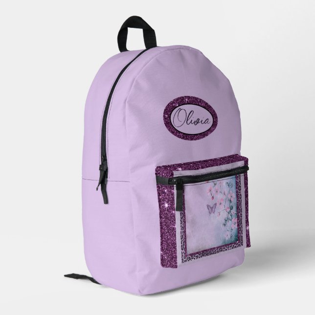 Purple flowers, rose, glitter lavender backpack (Back Corner Left)