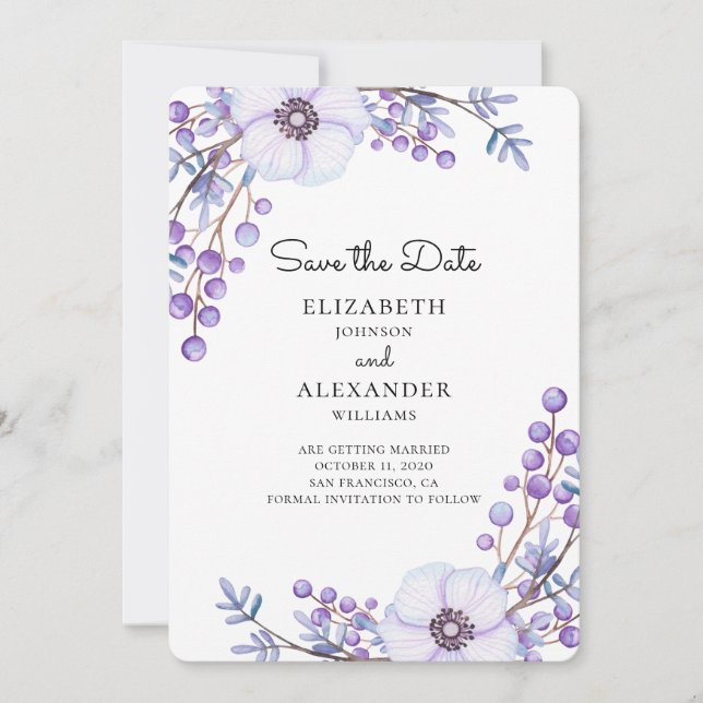 Purple flowers save the date. Botanical wedding Invitation (Front)