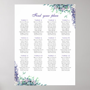 Purple flowers seating chart print. Teal wedding