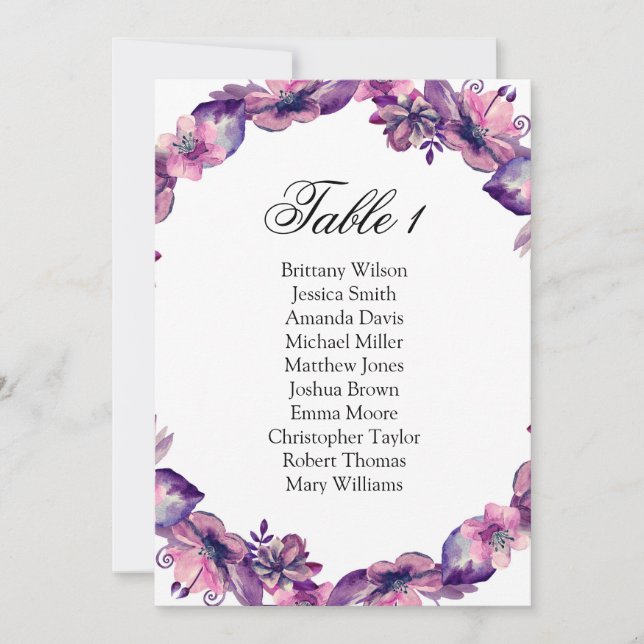 Purple flowers seating chart. Wedding table plan Invitation (Front)
